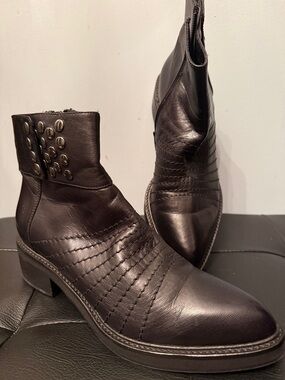 Italy Women's Black Leather Ankle Booties with Stud Detail